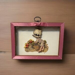Vtg Shadow Box Holly Hobbie Gardening 3D Paper Art Wall Decor Pink Ribbon 70s